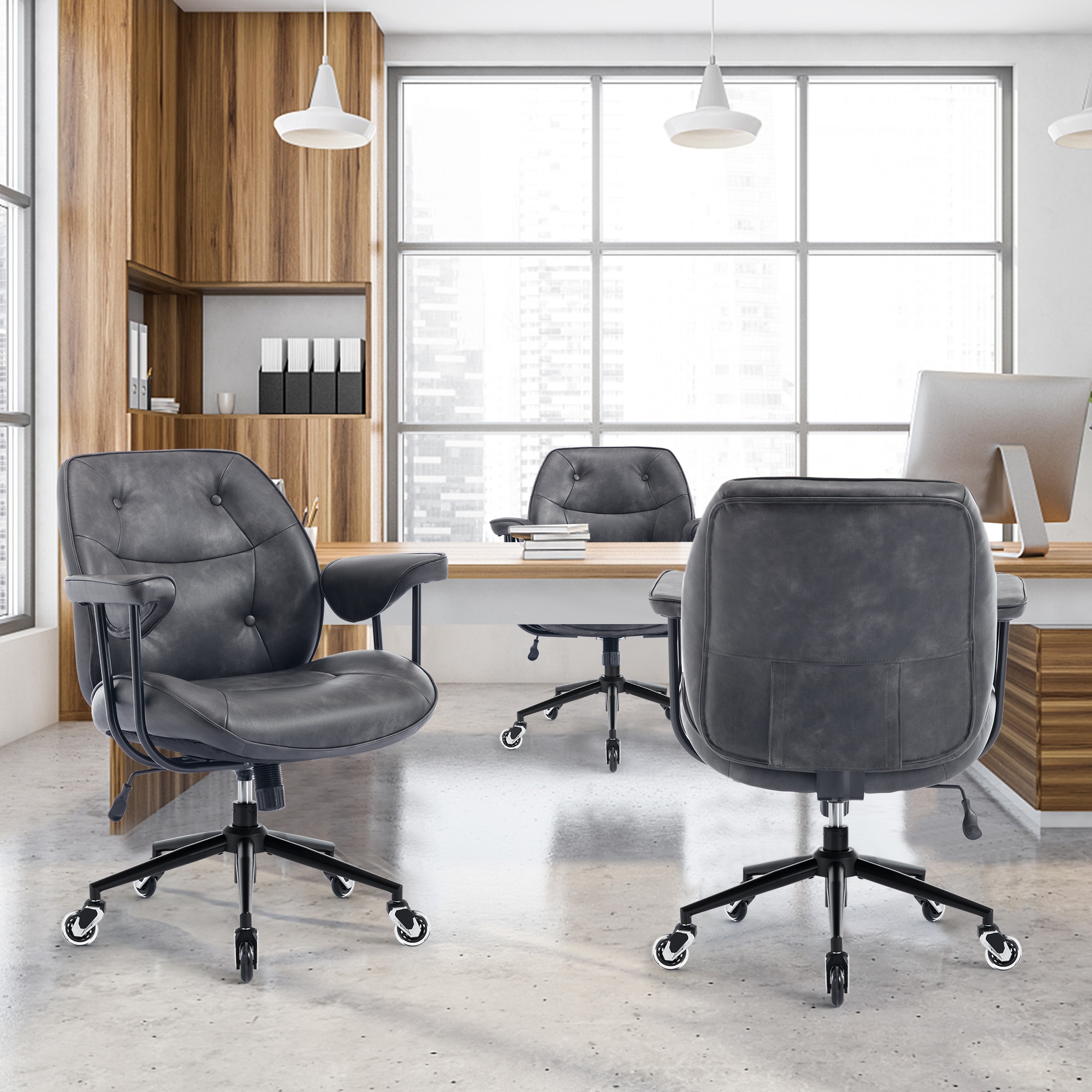 Ergonomic Retro Leather Office Chair With Lumbar Support Wheels_voghion.com